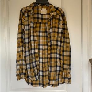white yellow and blue plaid button down flannel